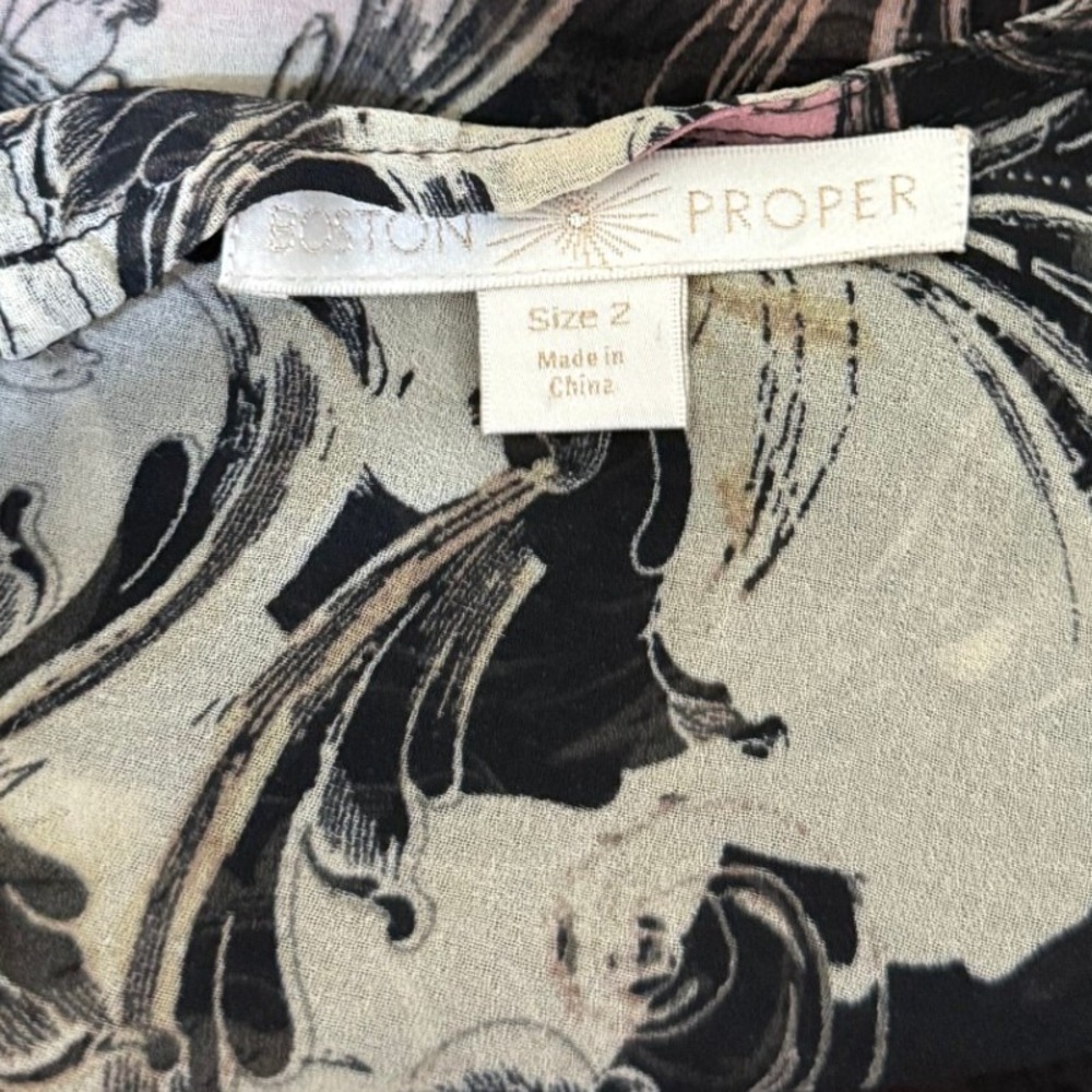 Boston Proper Women Blouse 2 Black Plum‎ Damask Bell Sleeve Whimsigoth Romantic - Picture 7 of 11